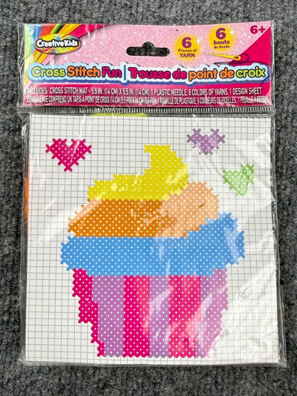 Creative Kids Cross Stitch Fun Cupcake Needlepoint Craft Kit Mat Yarn Ages 6+